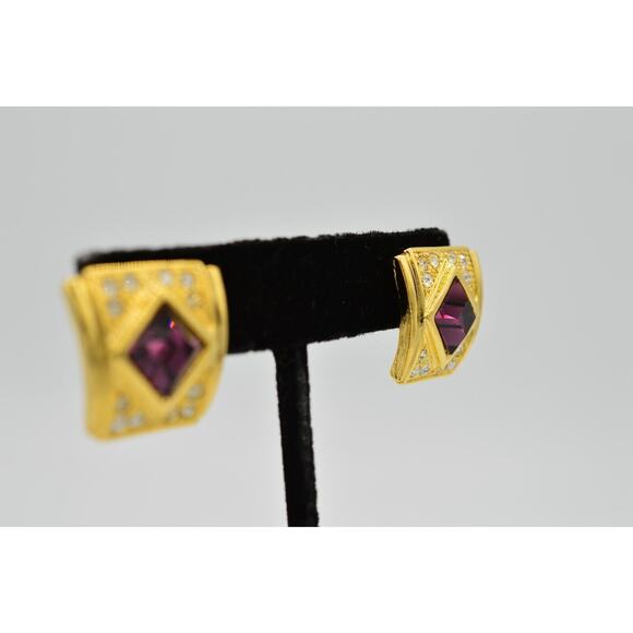 Vintage Crystal Earrings Sparkling Rhinestone Gold Purple NOS 1980s 9G - Picture 6 of 8